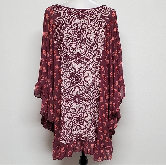FREE People Marla Dreams Red Paisley Boho Flutter Sleeve Mini Kaftan Dress XS - Picture 8 of 12